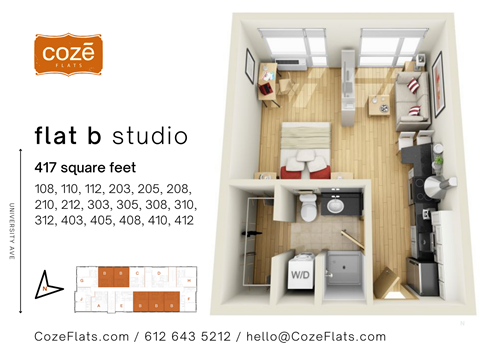 Floor plan for studio, 1 bath, 417 sqft
